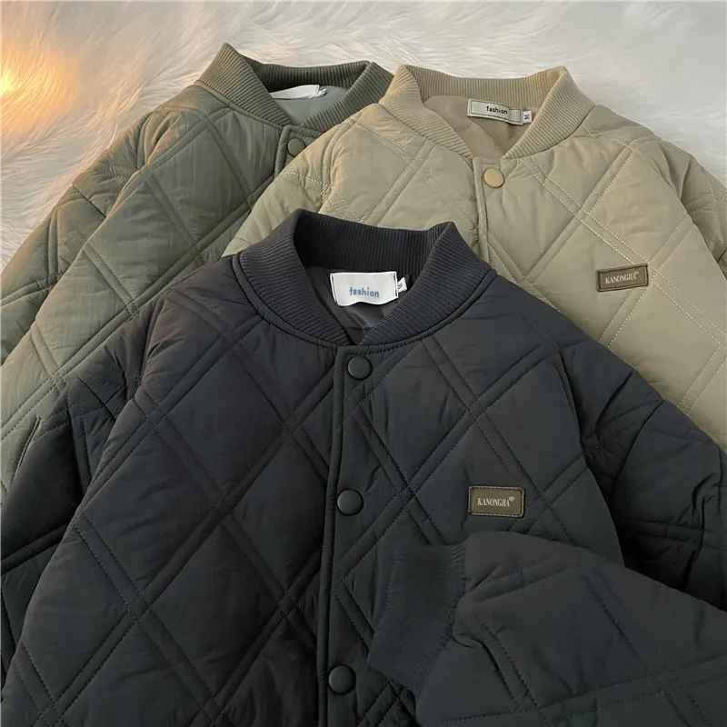 Diamond Pattern Men's Cotton Jacket Baseball Style Autumn Winter Coat Thickened Casual Loose Fit Youth Fashion