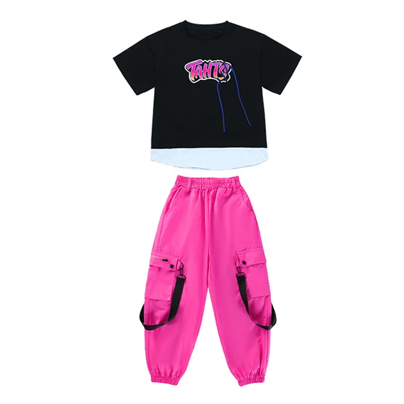 Chemise Streetwear Cargo Pantalon pour Fille et Garçon, Costume de brevJazz, Vêtements Enfant Kpop Hip Hop, Imprimé Noir et Blanc