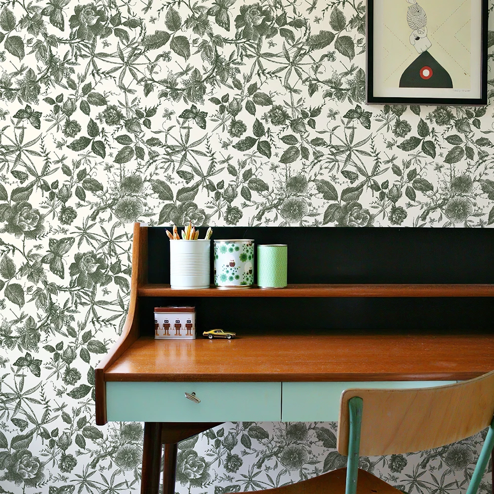Retro Green Floral And Leaves Wallpaper Classic Peel And Stick Furniture Cabinet Sticker wWaterproof Kitchen Bathroom Wallpaper