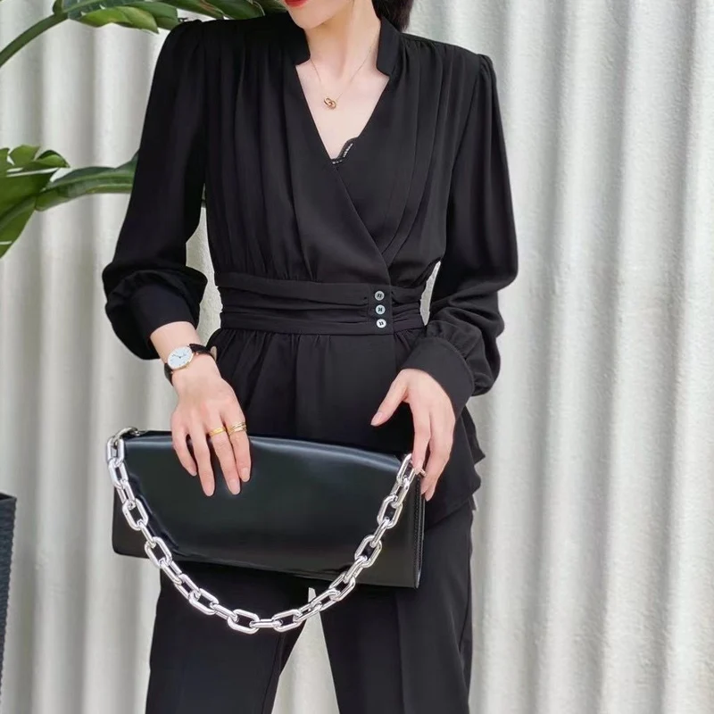 Spring Autumn New V-neck Fashion Long Sleeve Blouse Women High Street Casual Slim Pullovers Elegant Button Patchwork Chic Tops