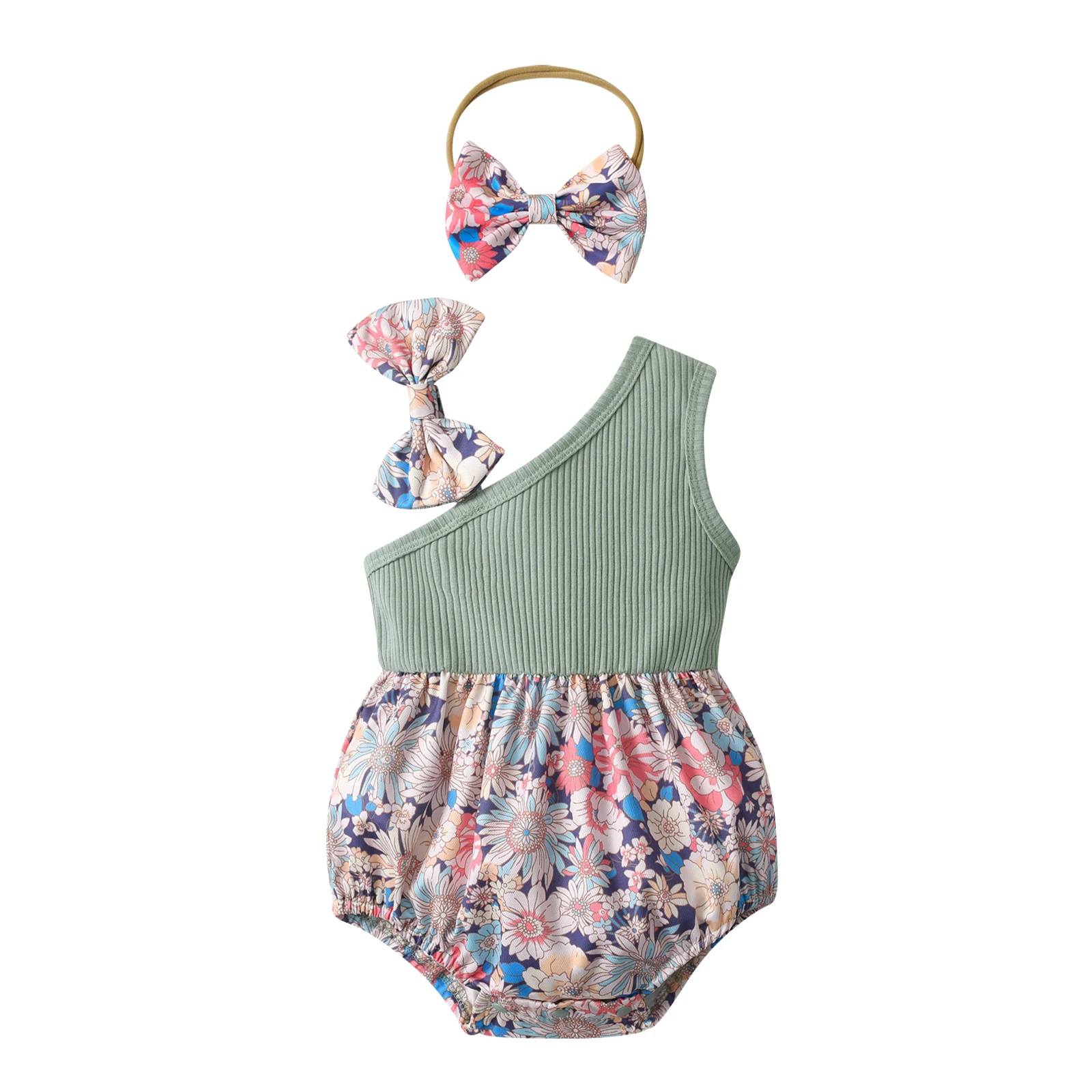 Newborn Baby Girls Bodysuits Summer Clothes Toddler Girls Cute Sleeveless Patchwork Jumpsuits Come with Bow Headband Clothing