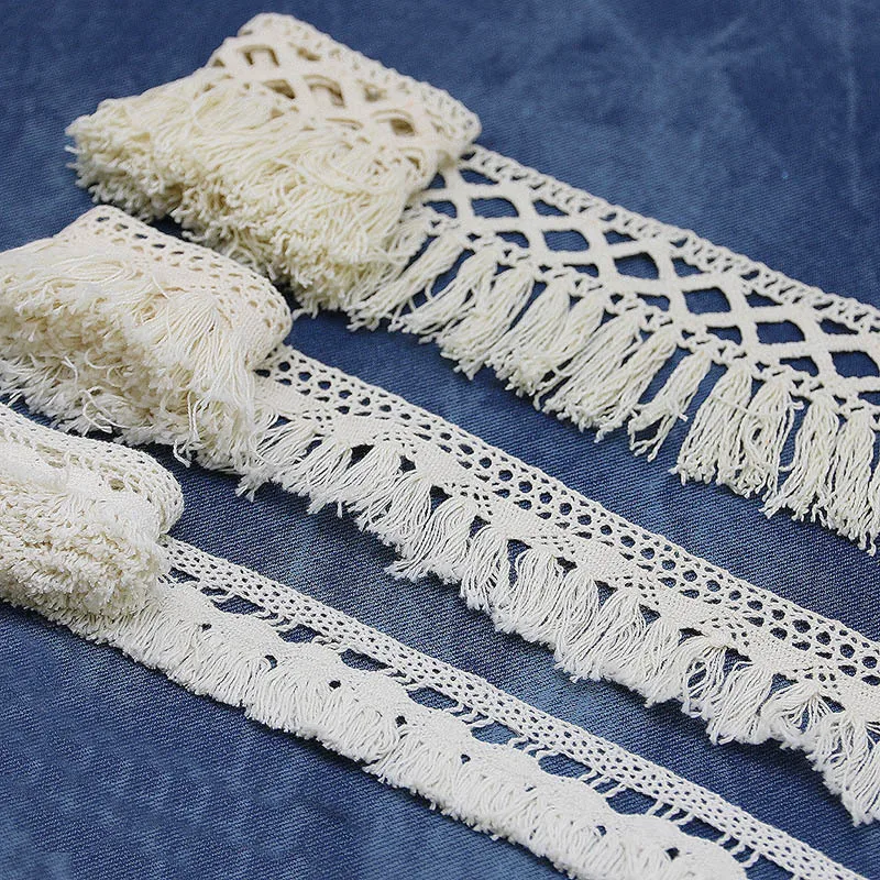 (3 Meters/bag) Tassel Lace Cotton Fabric Beige Ribbon Hollow Cut Bohemian Style Clothing Sewing Handmade Materials Versatile