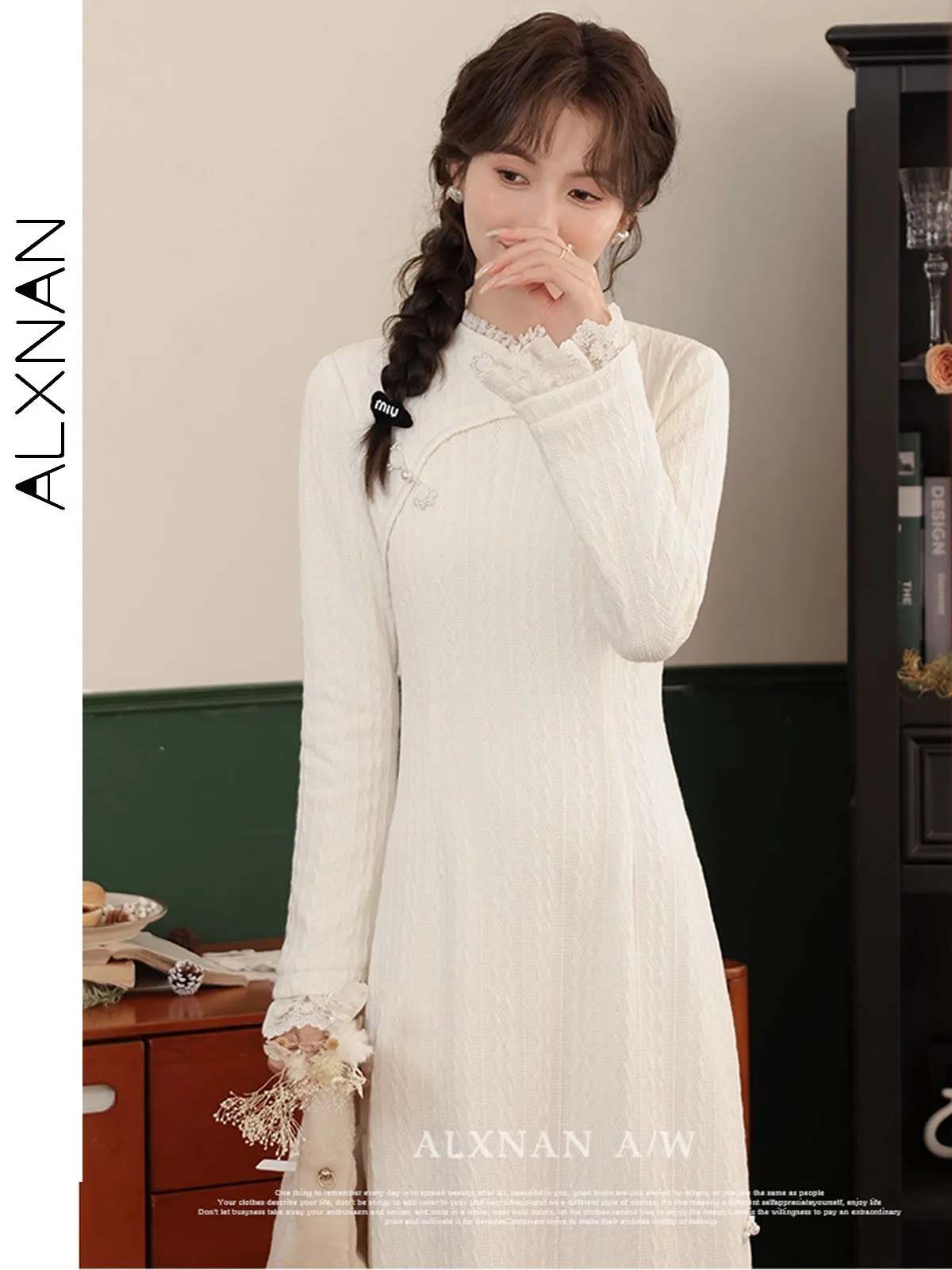 

ALXNAN Women's Dress Elegant Side Split Long A-line Lace Panel Dress Dresses 2025 Autumn New Chinese Style Clothing LXN32760