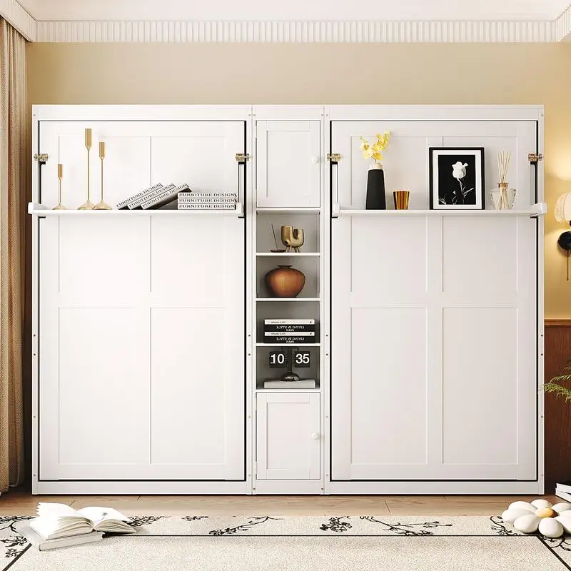 سرير ميرفي أبيض مزدوج الحجم مع خزائن ورفوف لتوفير المساحة