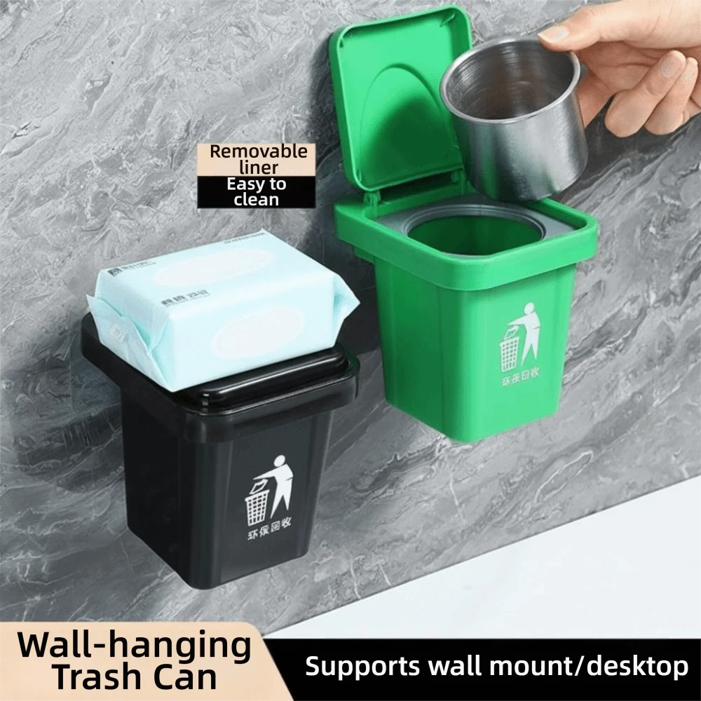 New Wall Hanging Trash Can With Lid Stainless Steel Garbage Bin Punch-free Wall Mounted Dustbin Bathroom Living Room