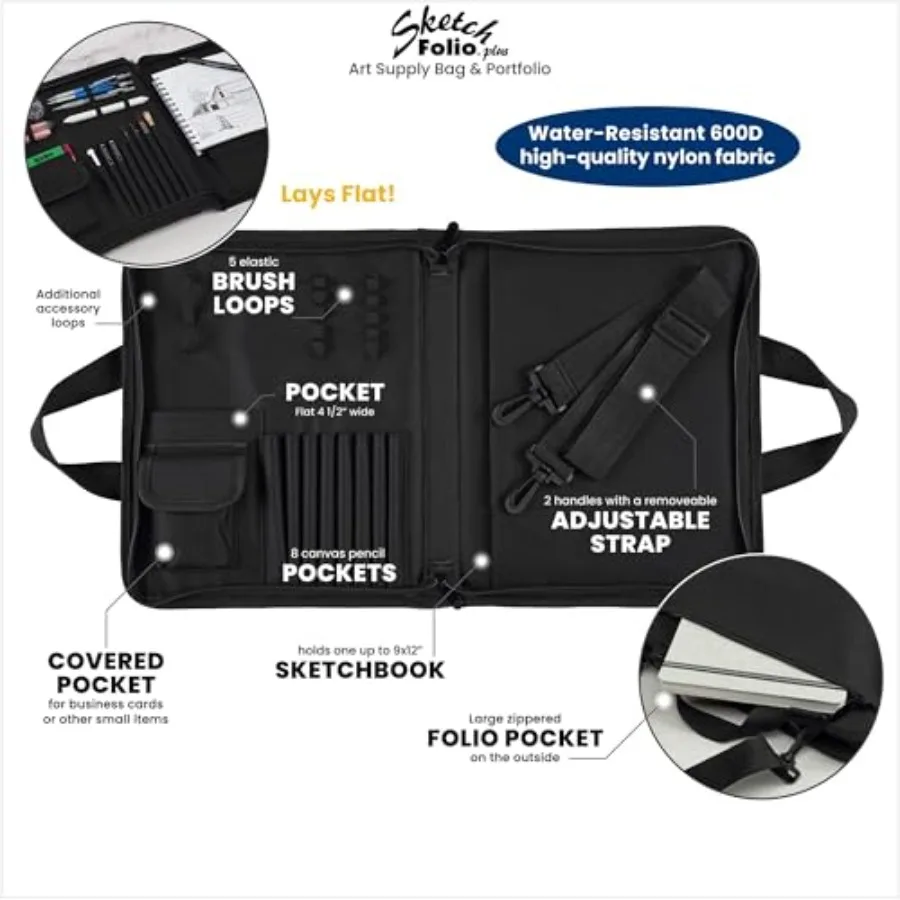 สมุดวาดภาพแบบมีซิปกันน้ำ Sketch Folio Plus - สีดำ สำหรับศิลปินวาดภาพนอกสถานที่ ใส่กระดาษวาดภาพขนาด 9x12 นิ้วได้