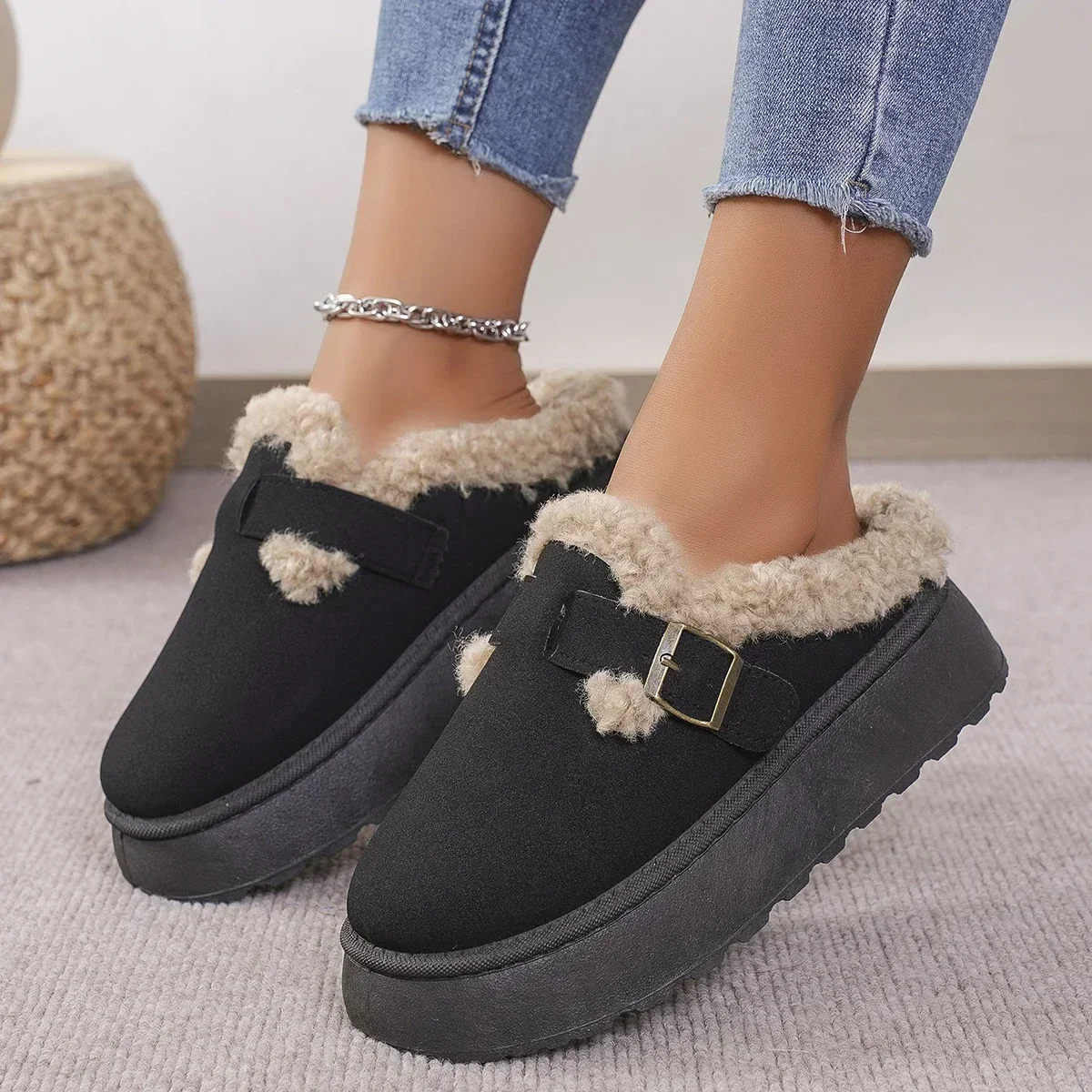 New Luxury Winter Women\'s Boken Shoes Plush Fashion Retro Bean Shoes Cotton Women\'s Flat Sole Slippers Platform Women Boots