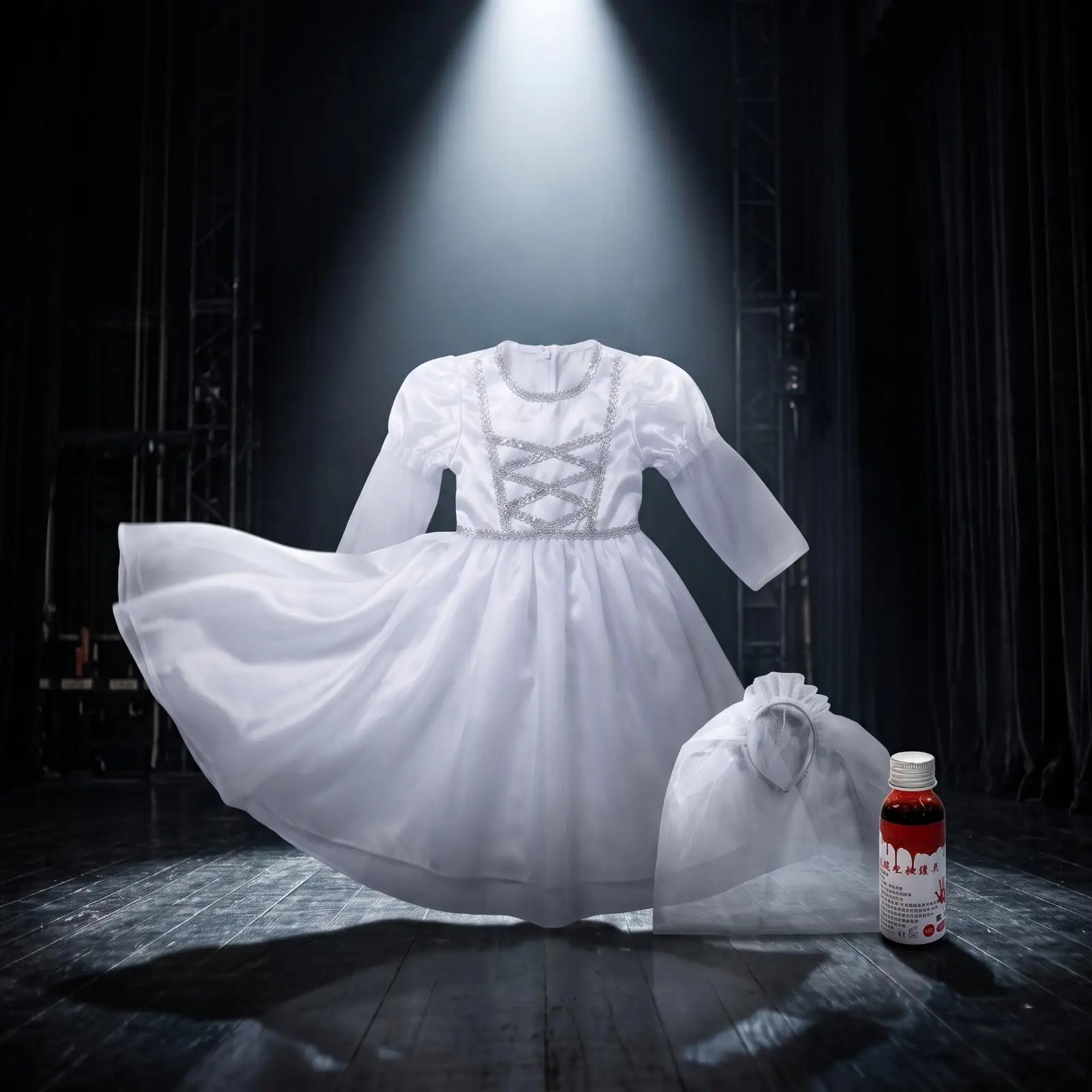 Spooky Children Cosplay Dress with Mesh Skirt and Silver Cross Trim for Halloween Stage Performance Costume