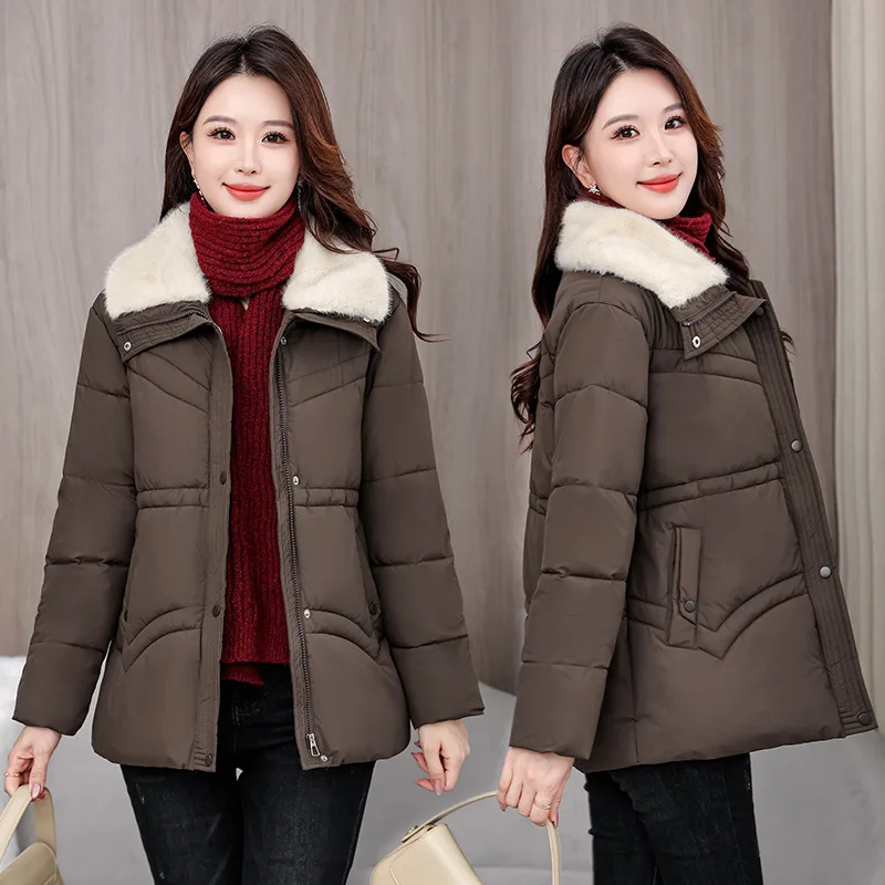 Women Mid-Length Puffer Coat Faux Fur Collar Quilted Padded Jacket Cinched Waist Thickened Thermal Windproof Winter Outerwear