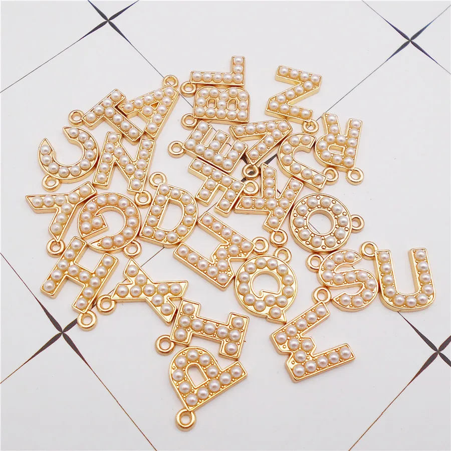 10-26PCS Alphabet Charms With Plastic Pearl Alloy Gold Color English Letter Pendant Necklace Bracelet Jewelry Accessory image 2