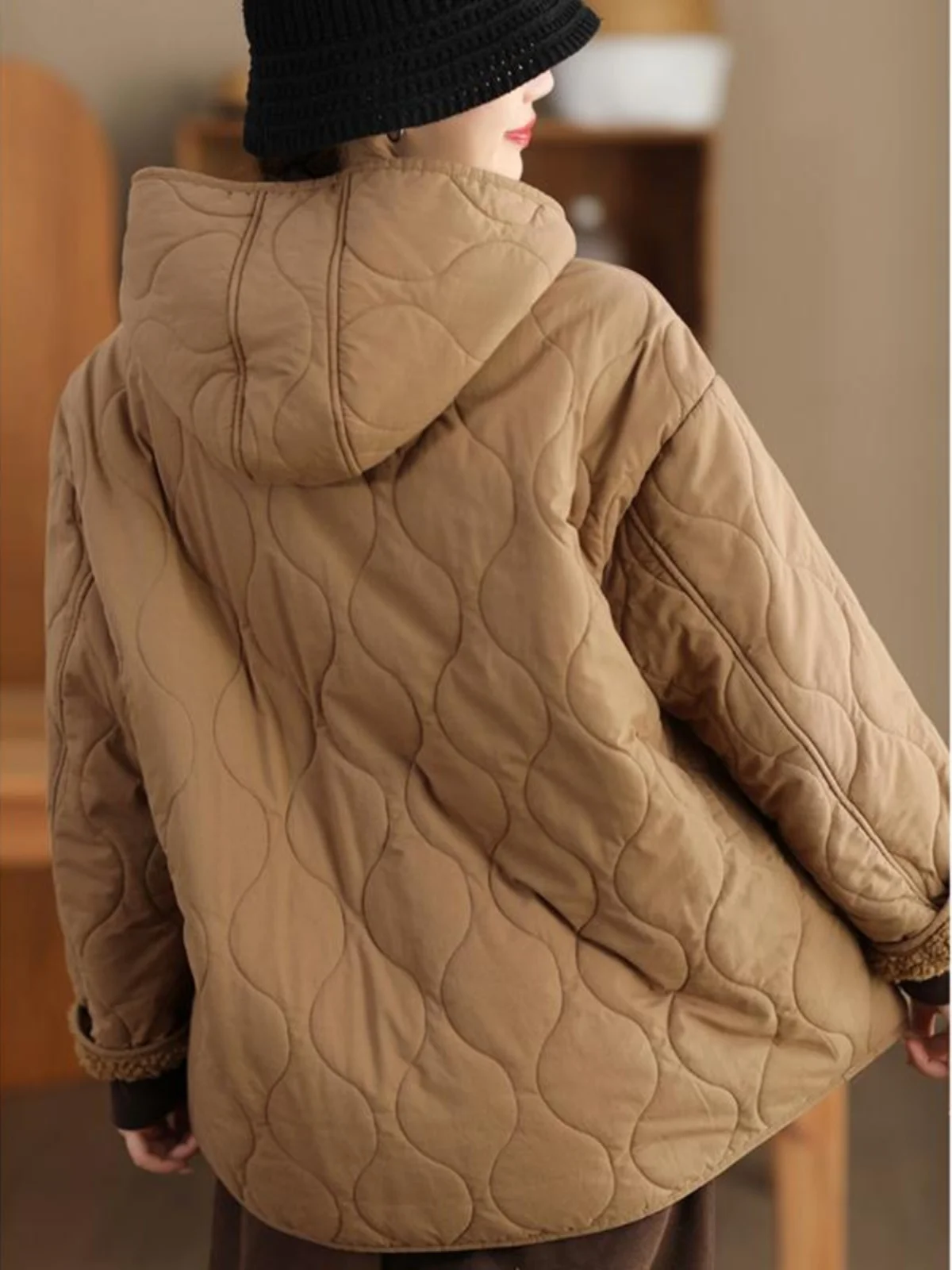 

Thiened Lamb Fur Hooded Cotton Jaet Women's Winter Warm ort Outerwear Retro Sle Long Sve Single Button Closure Pur...