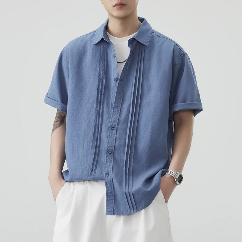 

Brand Clothing Spring Summer Linen Cotton Blend Men's Short Sleeve Shirt Old Money Loose Fit Casual Light Luxury Blue White