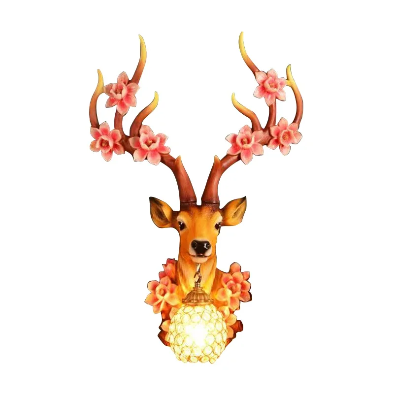 Beautiful Plum Blossom Crystal Lights LED Creative Decor Home Living Room Bedroom Contemporary Deer Head Wall Lamp Resin
