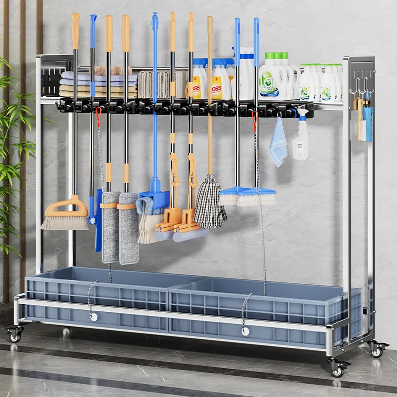 

Mobile floor mop rack, stainless steel storage rack, broom mop storage rack, balcony cleaning tools, drain rack