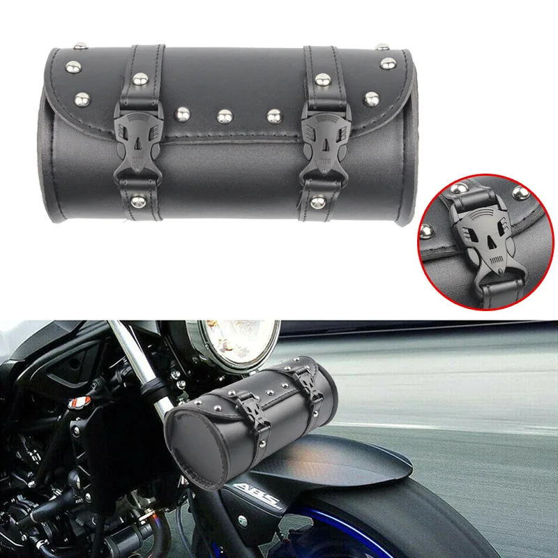 

Motorcycle Tool Bag Universal Waterproof Leather Front Fork Handlebar Toolkit Vintage Tool Roll Storage Barrel Cruiser Saddlebag