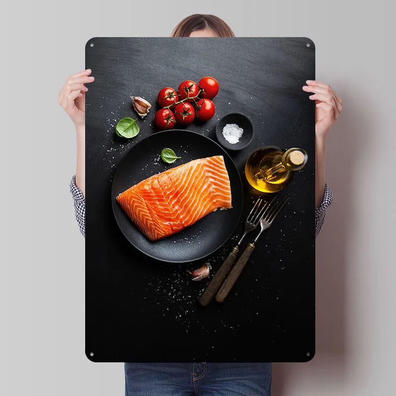 Póster Metálico de Salmón con Especias, Arte de Pared Personalizado, Letreros Retro Vintage de Hojalata para Decoración de Cuarto de Hombre, Oficina, Casa