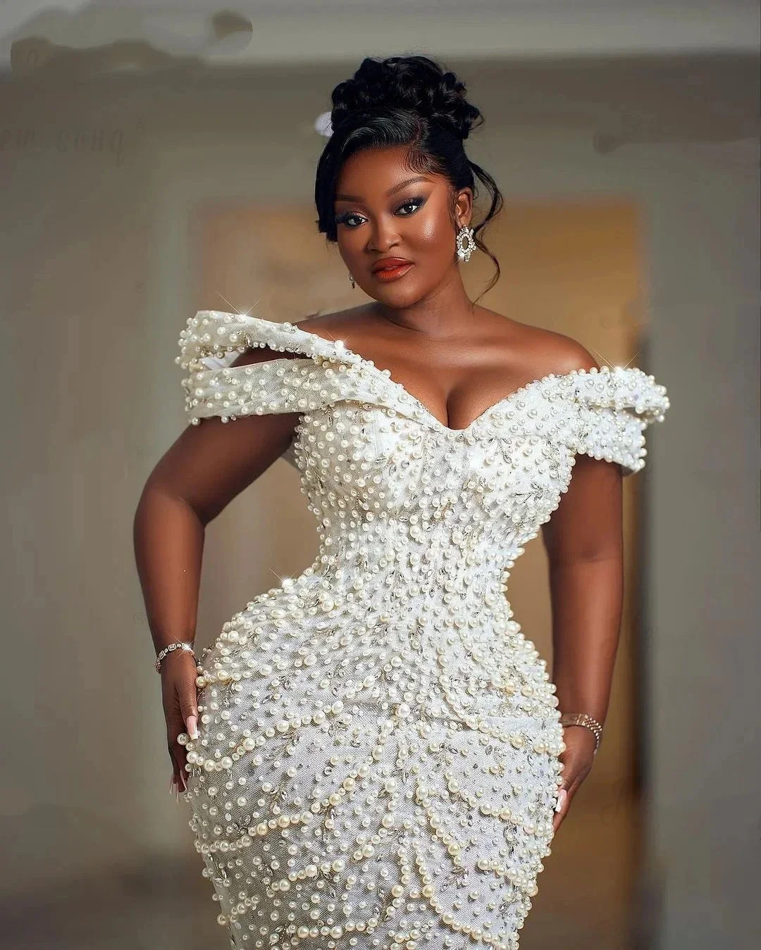 Exquisite Mermaid Wedding Dress Off Shoulder Sleeveless Bridal Gowns  Pearls Feather Sweep Train Dresses Custom Made