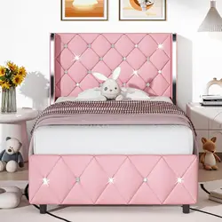 Twin Size Bed Frame, Upholstered Bed Frame with Diamond Tufted Headboard, Twin Bed Frames for Girls, Cute Princess Bed, Faux Lea