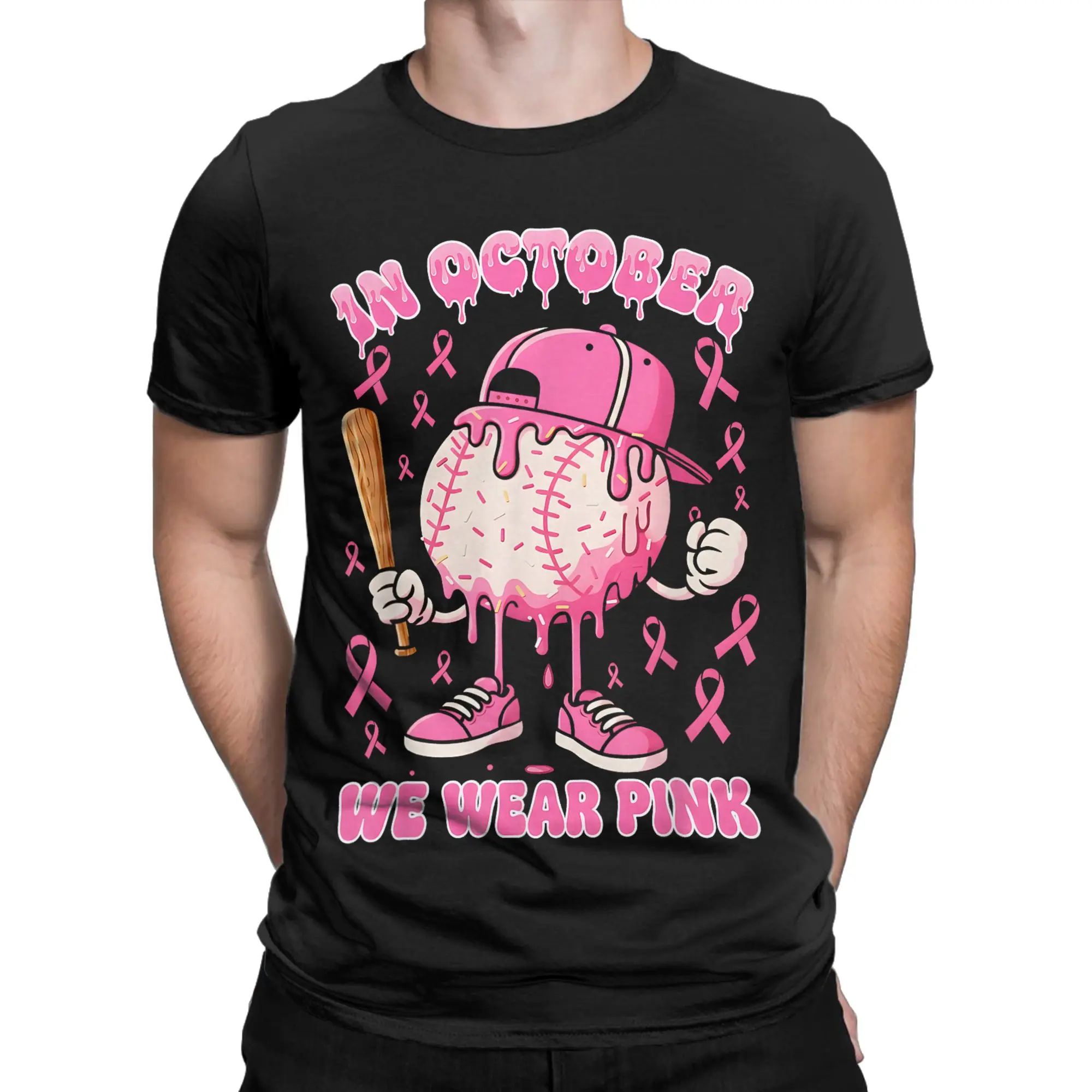 الفكاهة البيسبول الآيس كريم بالتنقيط في أكتوبر ارتداء الوردي سرطان الثدي تي شيرت الرجال س الرقبة 100% القطن تي شيرت قصيرة الأكمام تيز القمم #2