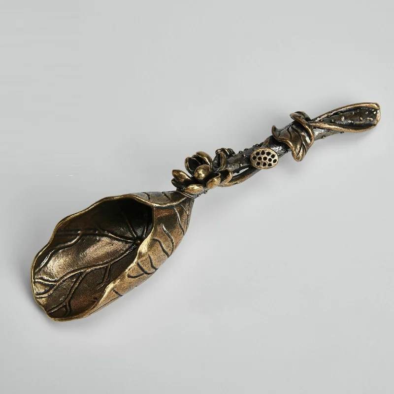 13cm Solid Brass Lotus Leaf Tea Spoon Carved Flower Handle Tea Ceremony Tabletop Decor Ornament Tea Ceremony Utensil & Decor