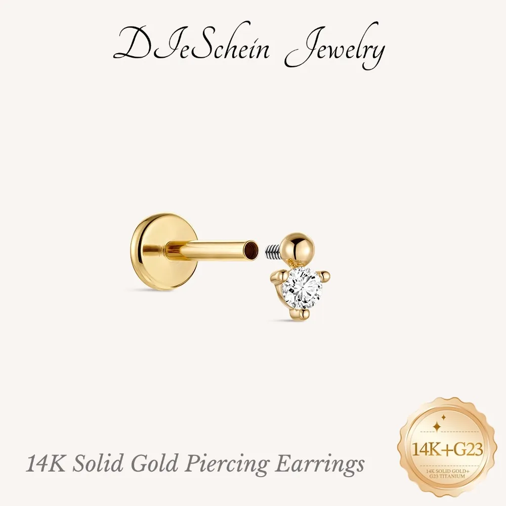 DIeSchein 14K Solid Gold Piercing Earrings Top ASTM G23 Titanium Post for Kids Genuine Nickel-Free Hypoallergenic Earring Gifts