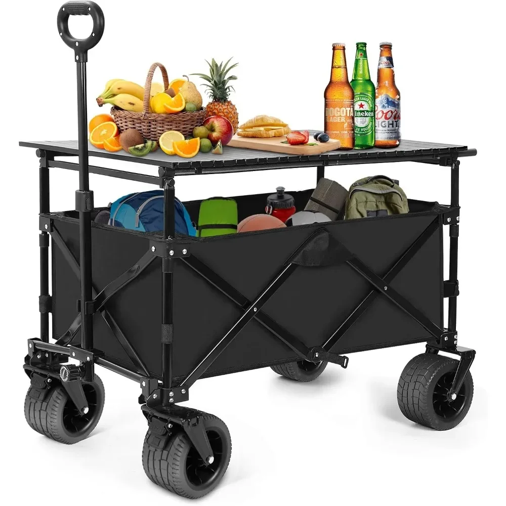 

Collapsible Wagon with Table, Large Capacity Foldable Wagons Carts, Beach Wagon with Big Wheels