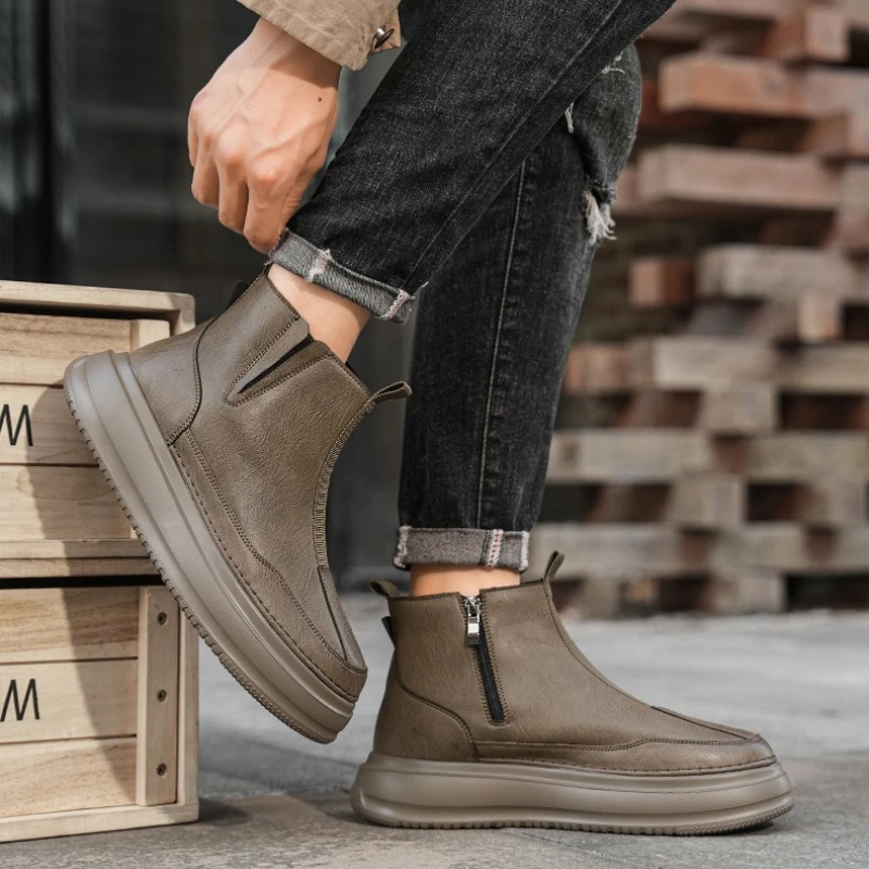 

Men's Mid-calf Leather Boots with Solid Color Leather Upper Flat One-piece Design High-quality Fashionable Durable Outdoor Boots