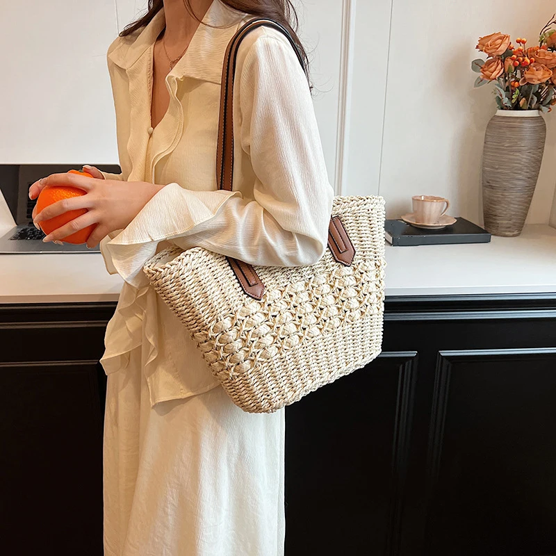 Sommer Stroh Taschen für Frauen Stroh Umhängetaschen Rattan gewebte Top Griff Tasche hohle Bast häkeln Strand tasche lässige Handtaschen – Detail 8