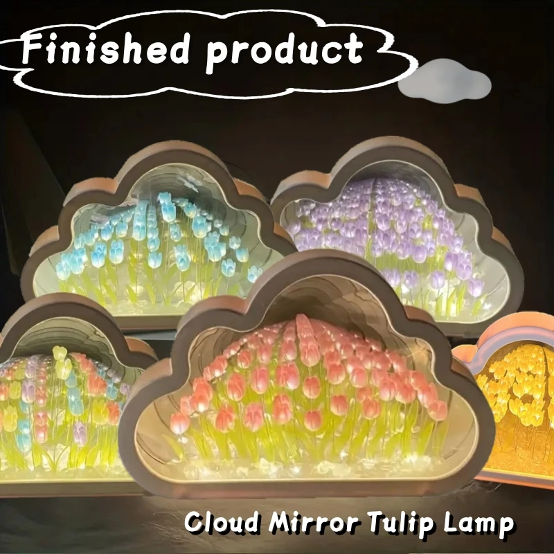 Finished Product Cloud Mirror Tulip Lamp Simulation Flowers Bedroom Lamps Tulips Mirror Night Light Birthday Gifts Home Decor