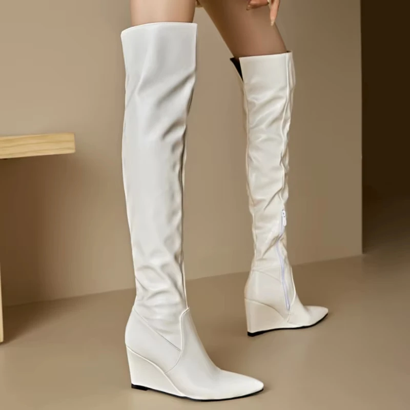 SGESVIER Sexy Over the Knee High Boots Women Heel Pointed Toe Thigh High Long Modern Boots Lady Shoes Black White Wedge Footwear image 5