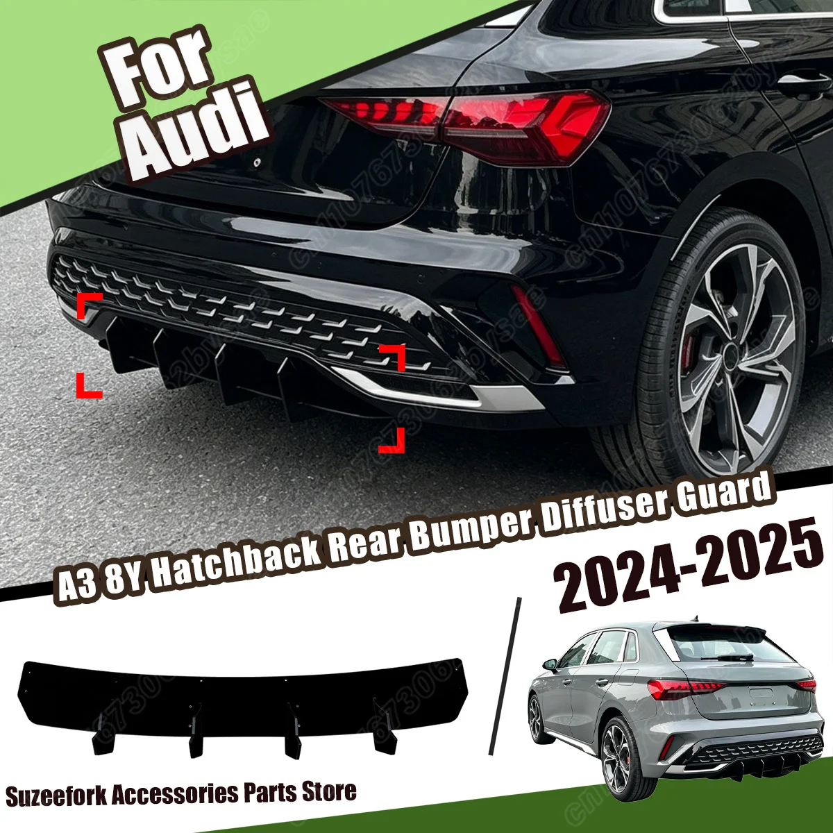 

For Audi A3 8Y Hatchback 2024 2025 Rear Bumper Diffuser Guard Rear Valance Lower Lip Automobile Decorate Parts