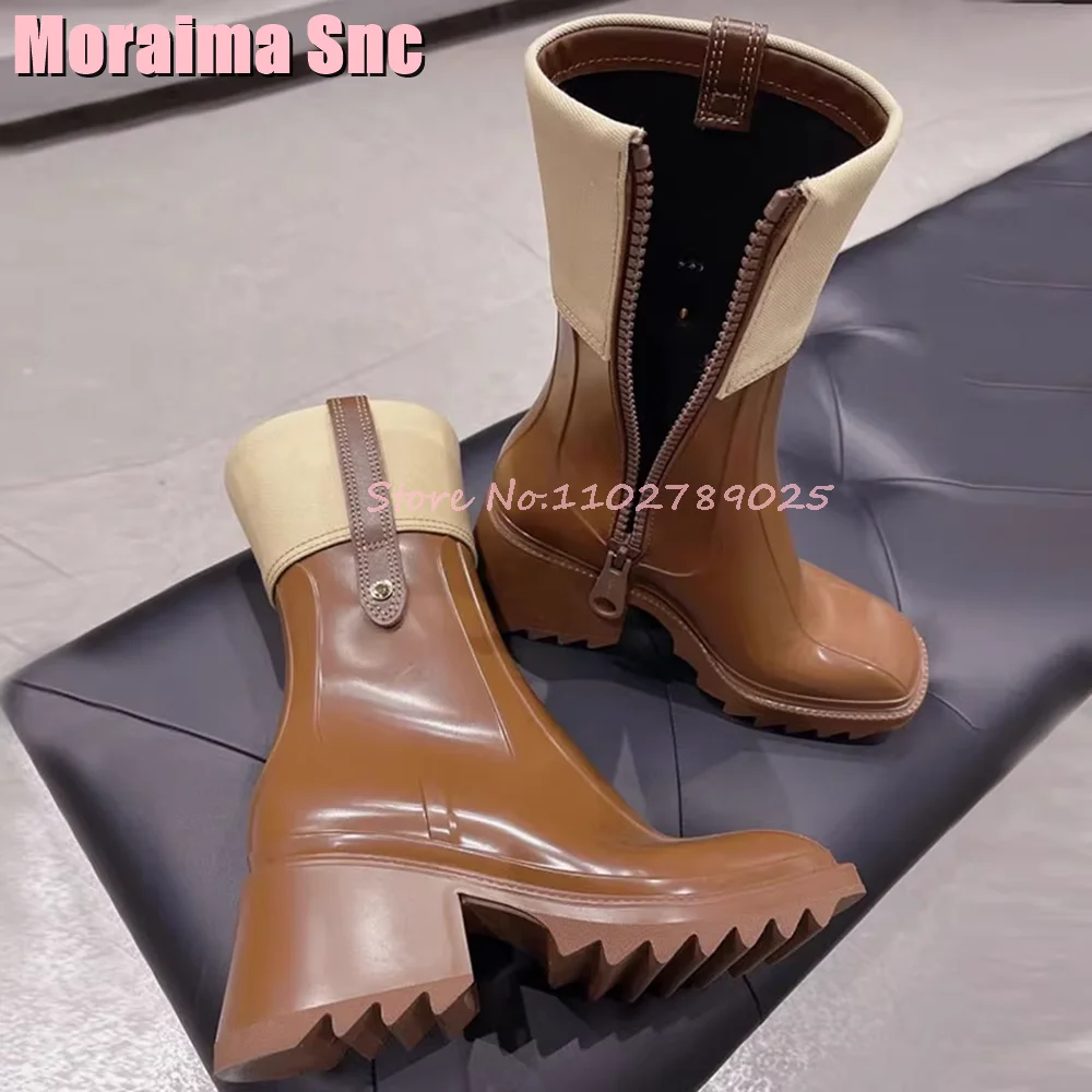 Mixed Colors Square Toe Ankle Boots Block Chunky Heel Metal Button Side Zipper Sexy Fashion Women Autumn Winter Boots Brown 2023