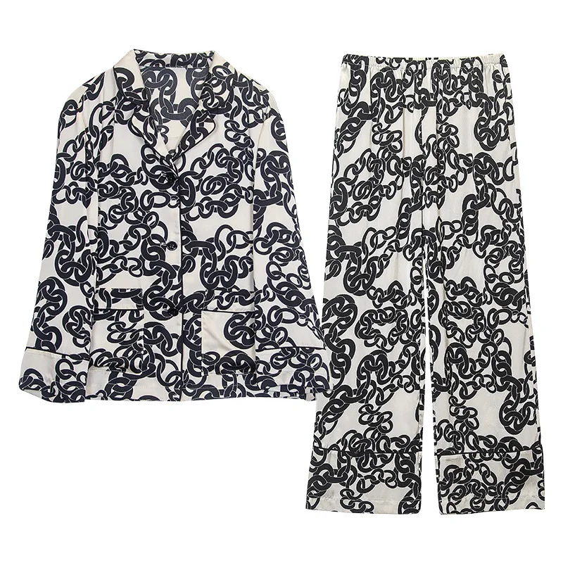 SXTHAENOO Women's Pijama Long Sleeve Fashion Print Female Loose Trouser Suit Ice Silk Pajama For Female Sleepwear Pijama Mujer