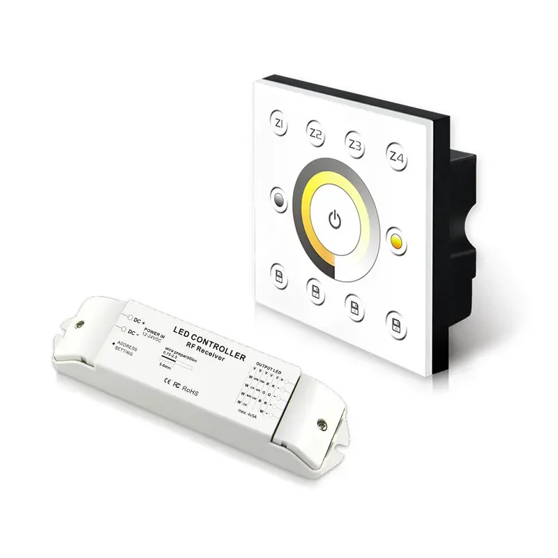 

Wireless Multi-Zone CV CCT Panel P6X+R4-2.4G RGB/RGBW panel controller with the 10 built-in changing modes 4096 grey scales