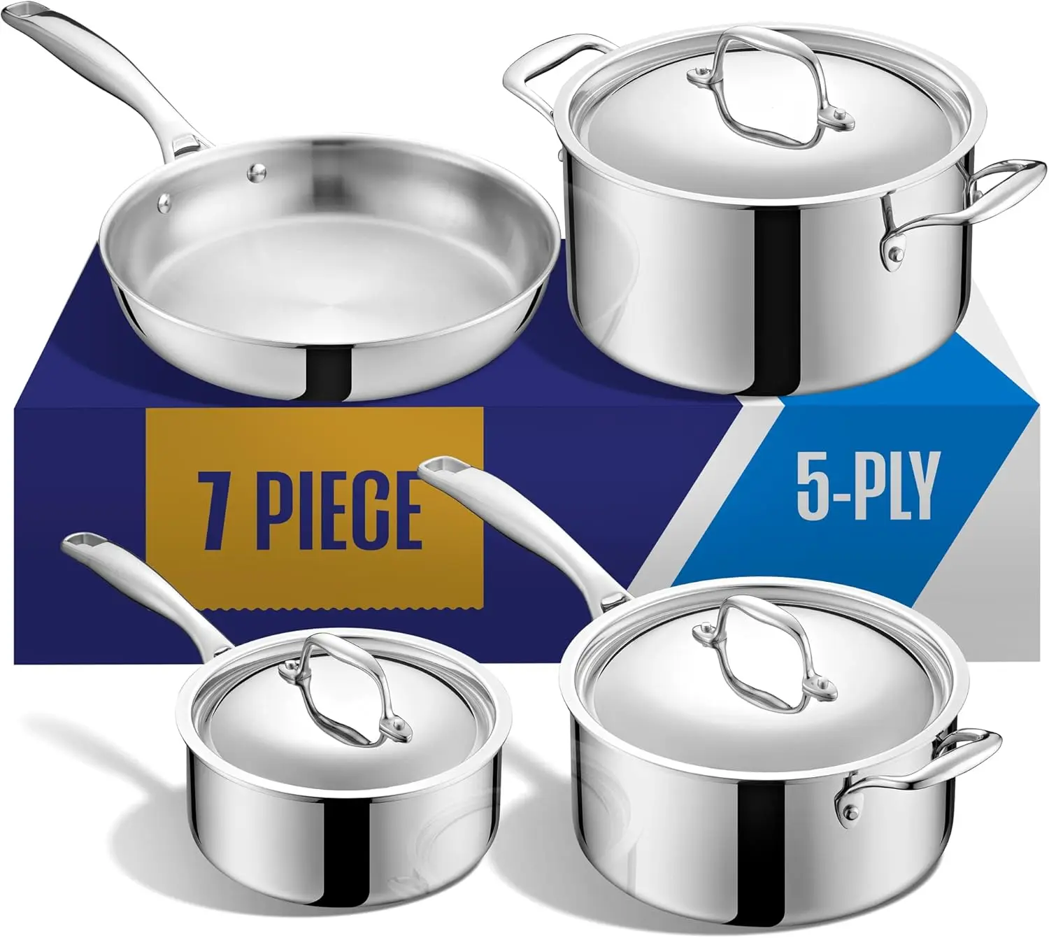 

Stainless Steel Cookware Set | 5 Ply, 7-Piece Pot and Pan Set Induction Compatible, Non-Toxic | Best Heavy Duty 18/8 Constructio