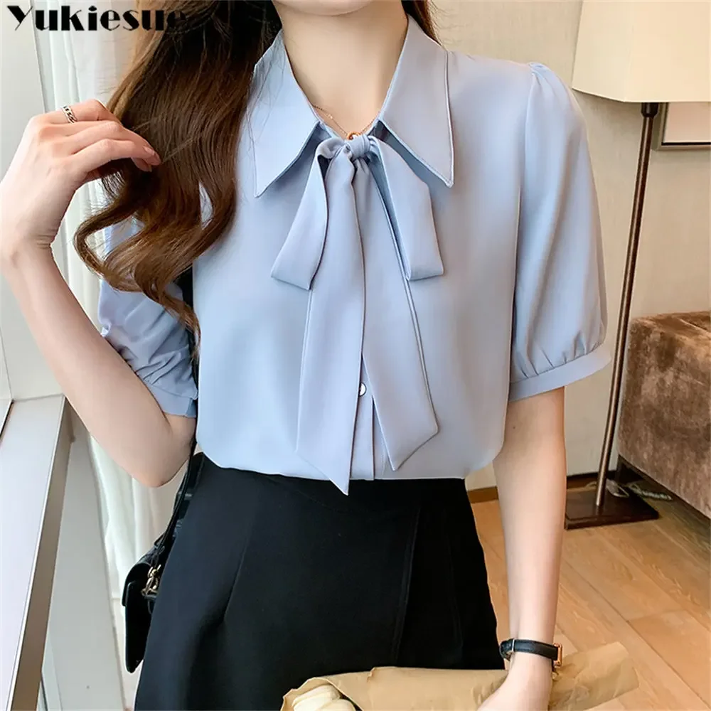 ฤดูร้อนสแควร์เกาหลีสไตล์แฟชั่นเสื้อผ้าผู้หญิงชีฟอง Femme Bow เสื้อด้านบนผู้หญิงเสื้อแขนสั้น