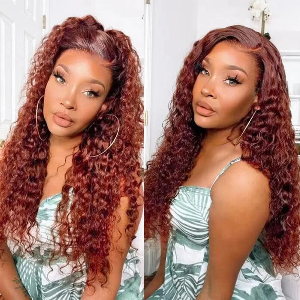 Reddish Brown #33 Deep Wave Lace Front Wigs Human Hair Brown 13x4 Transparent Lace Deep Curly Colored Wig Pre-Plucked Brazilian