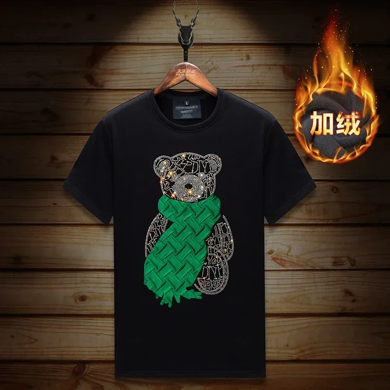 

Плюс размер футболки со стразами и медведем мужские зимние толстые бархатные топы модная уличная одежда с коротким рукавом и круглым вырезом тонкая футболка мужские Camisas