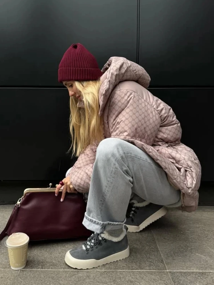 

Винтажное пуховое пальто с капюшоном и принтом из хлопка, женское повседневное, с зауженной талией, на молнии, утепленное, женское, весна 2026, шикарная уличная одежда