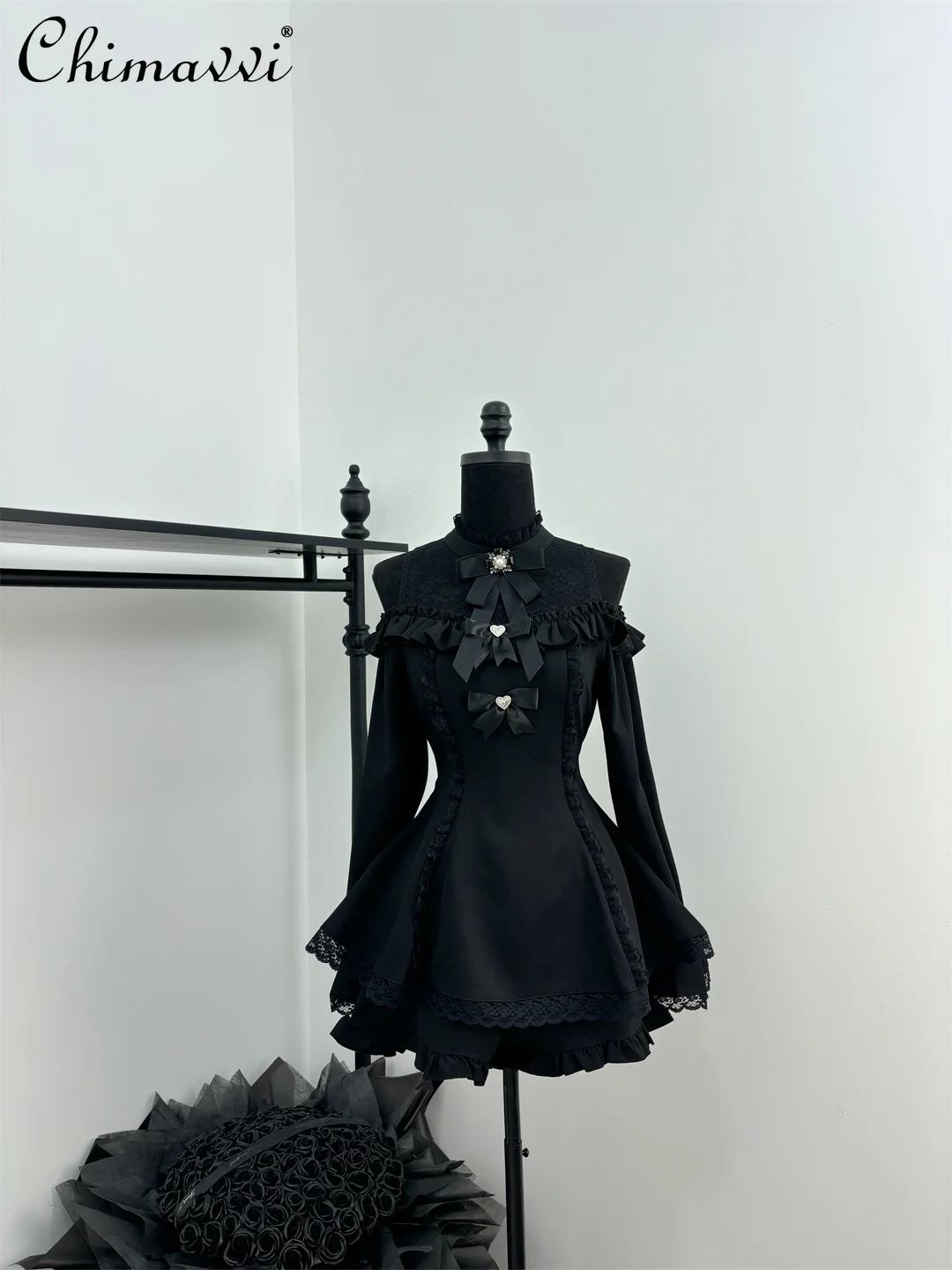 

Japanese Mine Series Mass-produced Black Dress Sets Sweet Cute Bow Lace Off-Shoulder Long-sleeved Dress and Shorts 2 Piece Sets