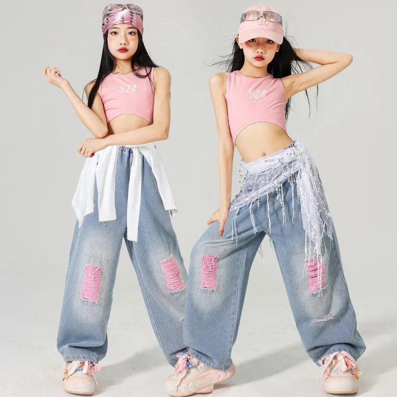 Fashion Clothes Kid Street Dance Wear Jazz Dance Performance Costume Girl Kpop Stage Outfit Pink Vest Loose Jeans Summer