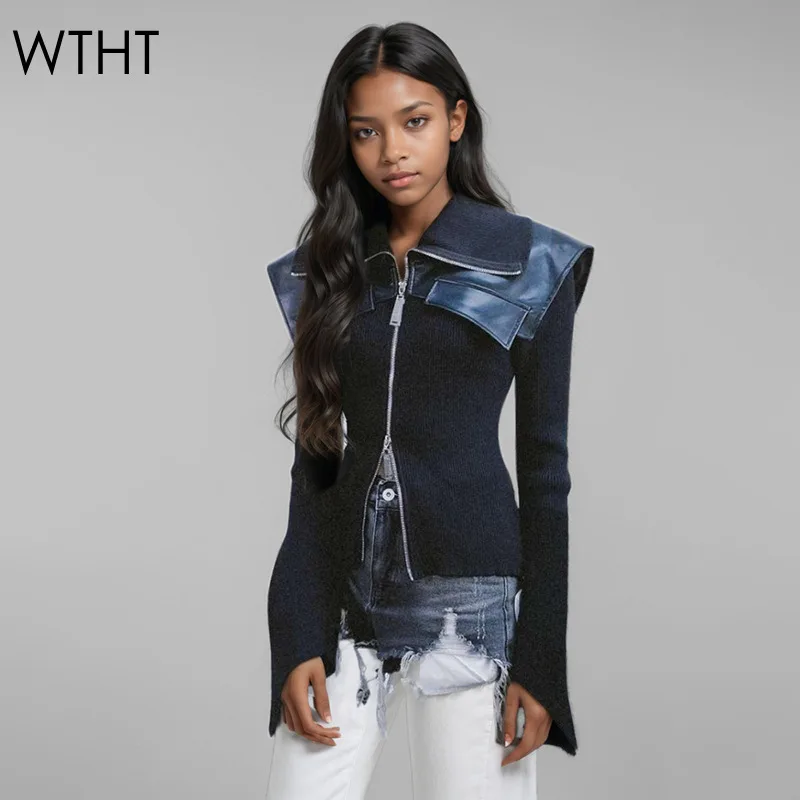 

WTHT Trendy New Women's Spliced Leather Knitted Cardigan 2024 Autumn Big Lapel Long Sleeves Zipper Sweater Female 1LS240