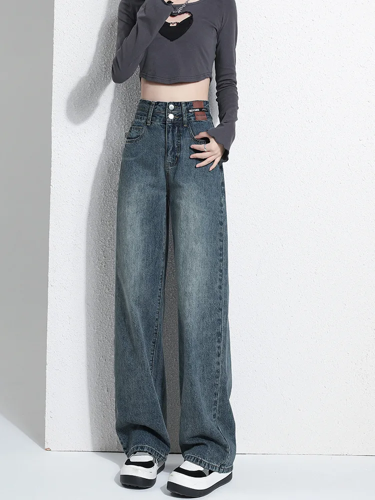 

Retro Blue Wide Leg Jeans for Women Spring and Autumn Korean Style Versatile High Waist Slimming High-Rise Pear Shapes Straight
