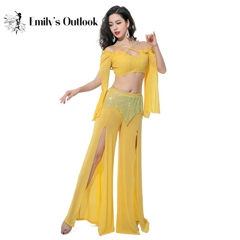 Carnival Costumes Woman Rhinestone Shine Fringe Skirt Pant Gauze Long Sleeve Top 2 Piece Sexy Oriental Dance Outfit Beauty New