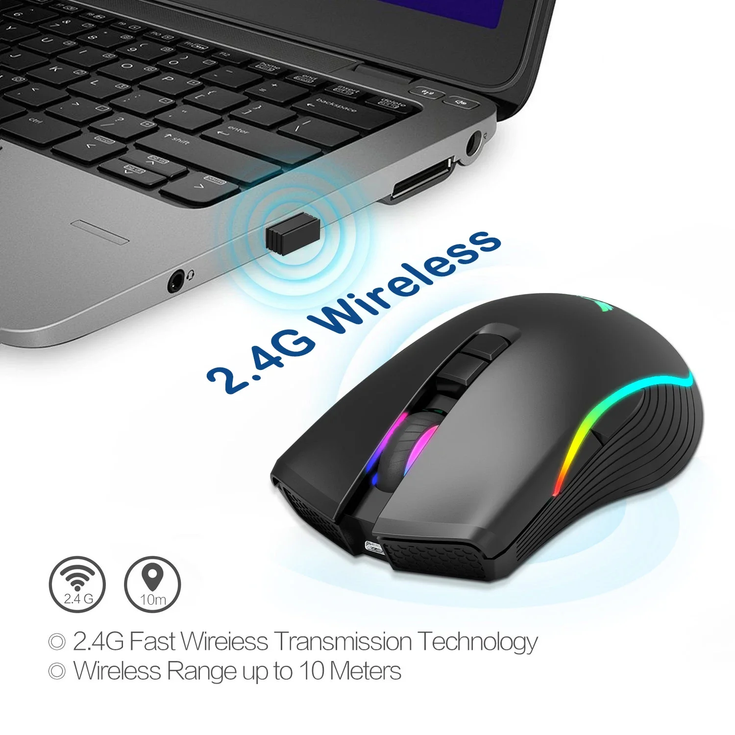 2.4G Wireless Mouse RGB Gaming Mouse 7 Buttons Esports Mouse 4800DPI 800mAh Rechargeable Mouse For Laptop Win7/8/10/IOS/XP/Vista