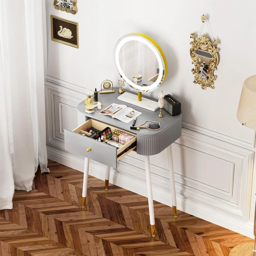 مكتب زينة بإضاءة LED مقاس 24 بوصة مع مرآة وطاولة مكياج مدمجة تتميز بدرج تخزين وشاشة لمس بثلاثة ألوان #4