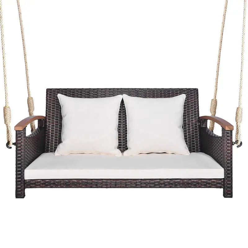 Double Outdoor Rattan Hanging Chair Swing, Heavy Duty Metal Frame Supports 800 Lbs, With Comfortable Cushions, Suspended Porch Glider For Backyard Garden Patio Relaxation