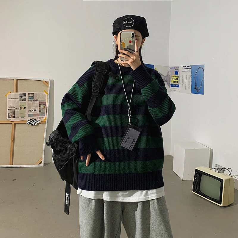 Knitted Striped Women Sweater Casual Oversized Pullovers Loose Streetwear Knitwear Pullovers