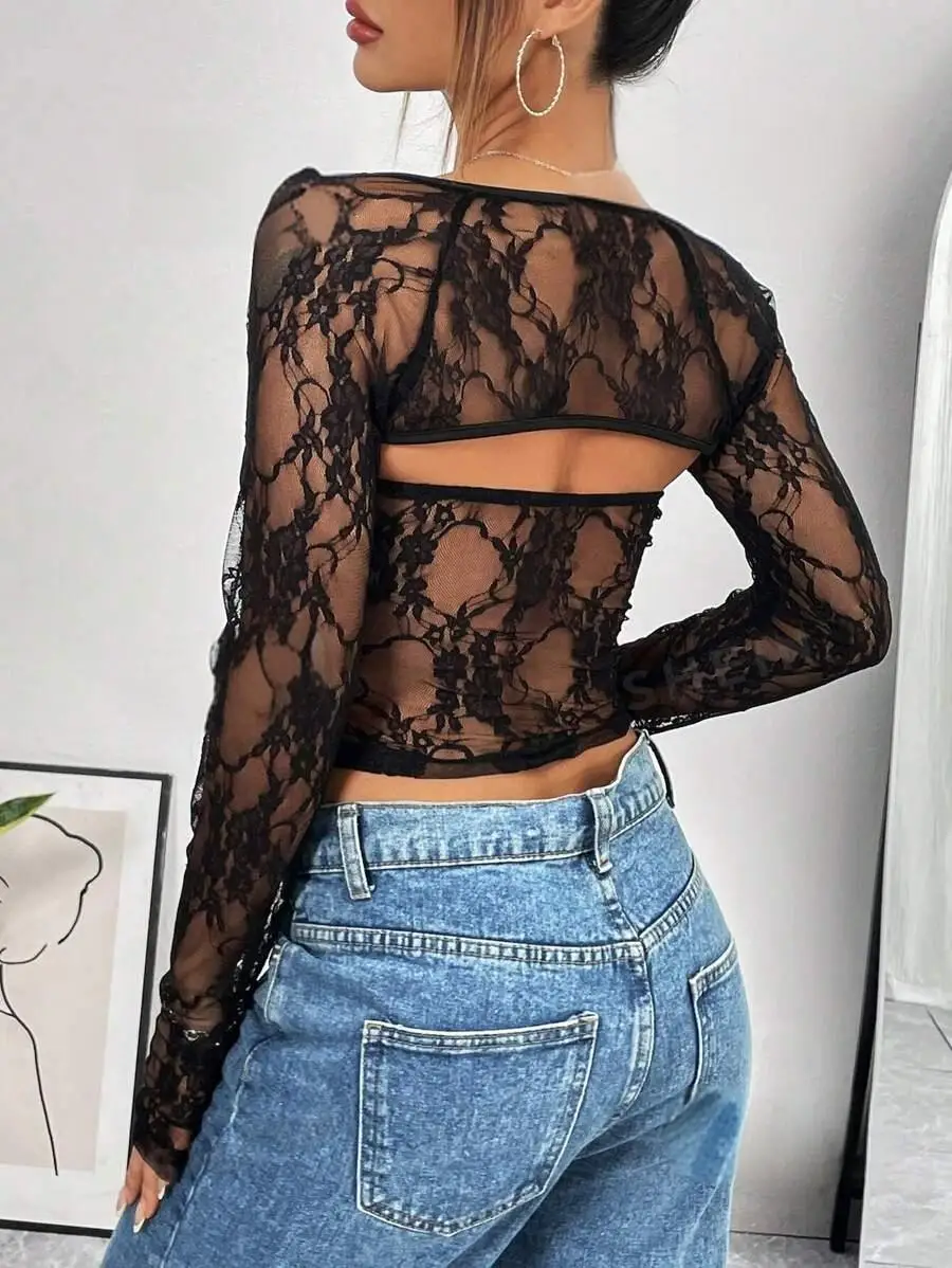 Women's Tops T-Shirt Autum New Sexy Slim Low-Cut Lace Backless Cut Out Navel Exposed See-Through Long-Sleeved Shawl Chest Suit