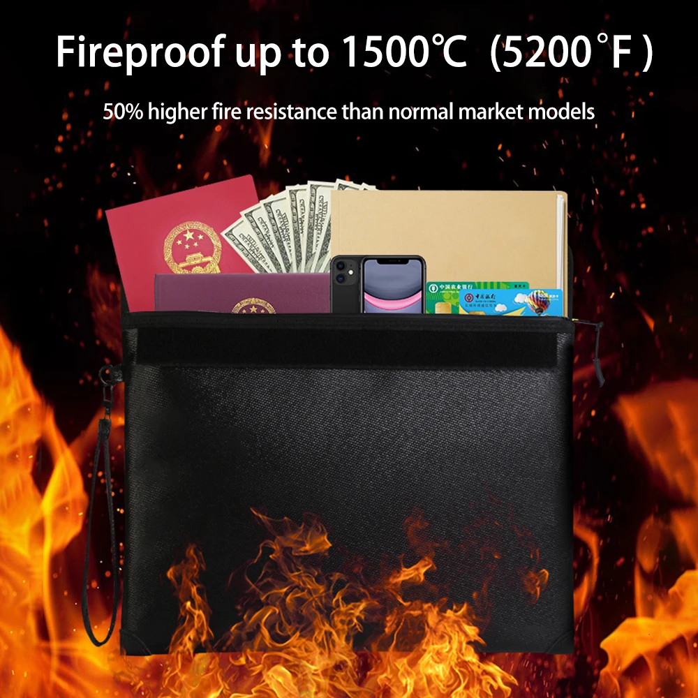 

Fireproof Document Bag A4 Waterproof Zipper Closure Pouch Heat Insulated Cash Safe Storage with Reflective Strip fo Travel Use